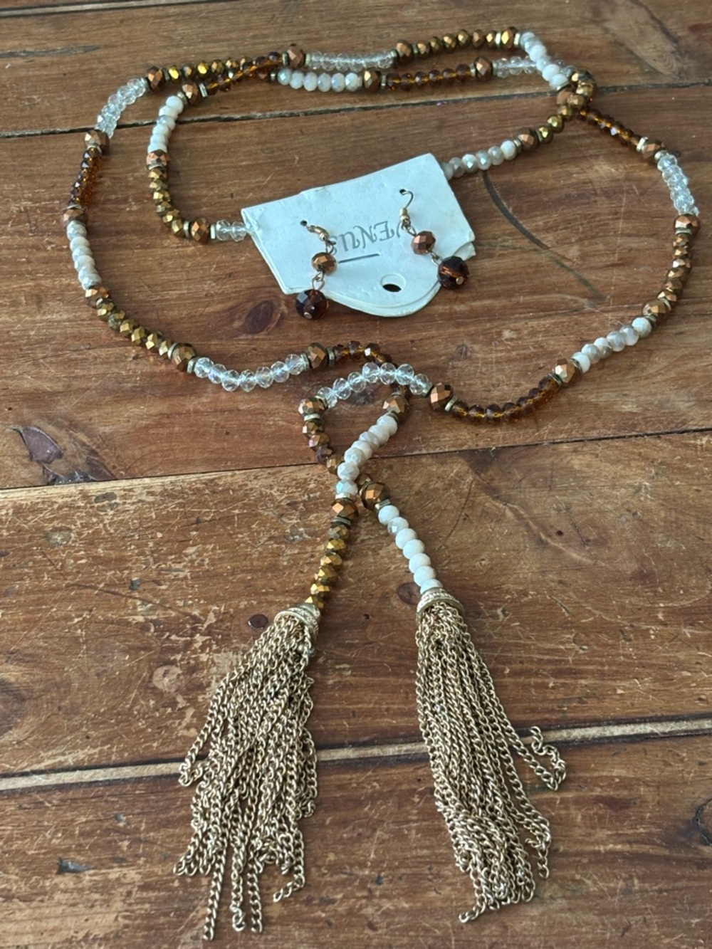 NWT Shimmering Beaded Tassel Necklace and Earring Set